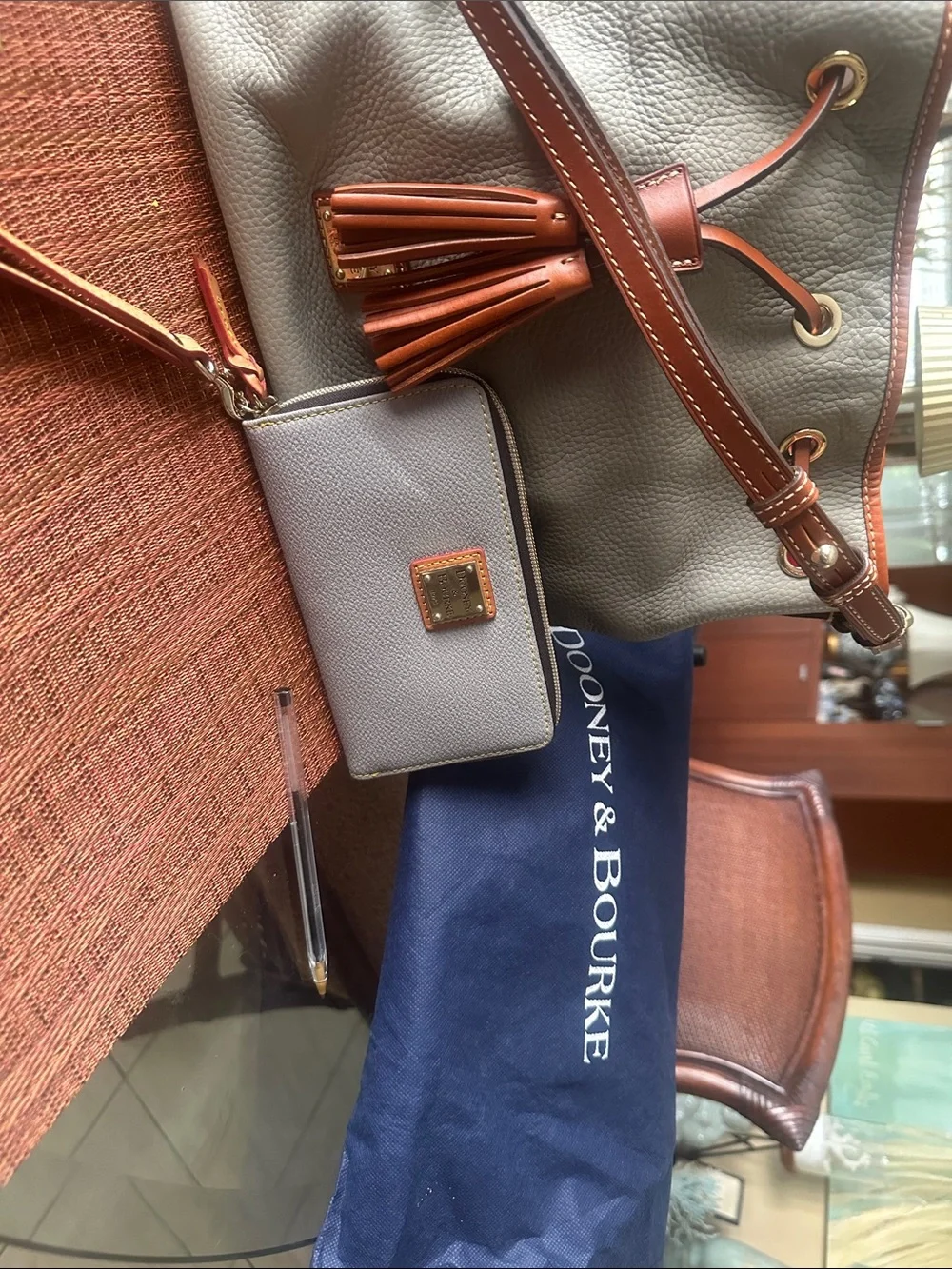 Dooney & Bourke Gray Pebbled Leather Hobo with Brown Trim and Tassel